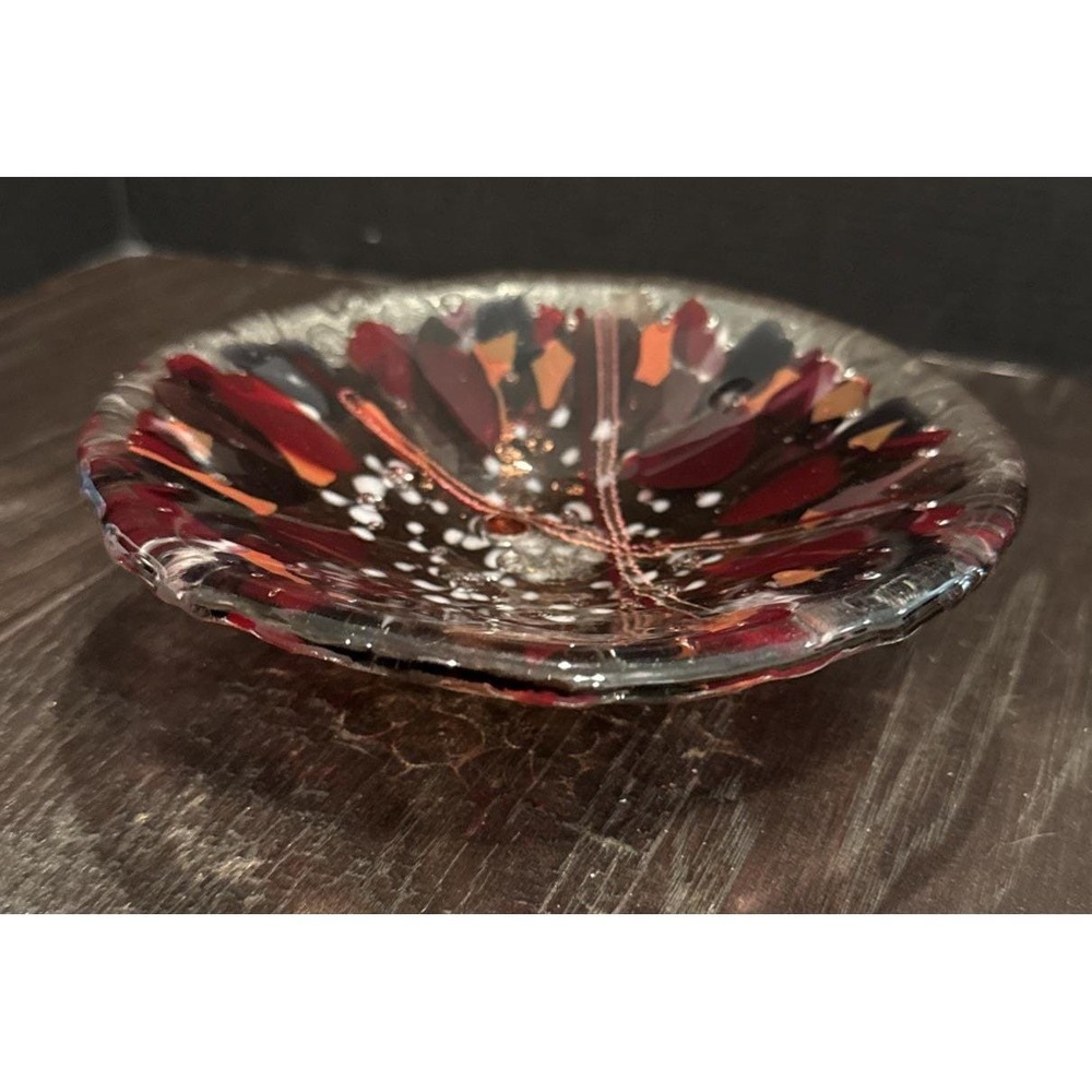 Handmade Fused Art Glass Bowl Red Orange Clear Confetti Frit Decorative Dish